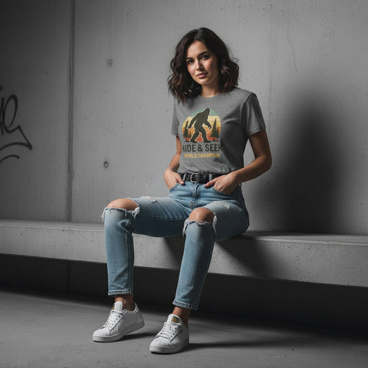 Bigfoot Hide & Seek World Champion T-Shirt – Funny Cryptid Tee, Unisex, Soft Cotton