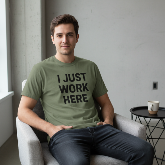 I Just Work Here Graphic Tee – Work Slogan, Unisex, Adult & Youth, Casual Wear