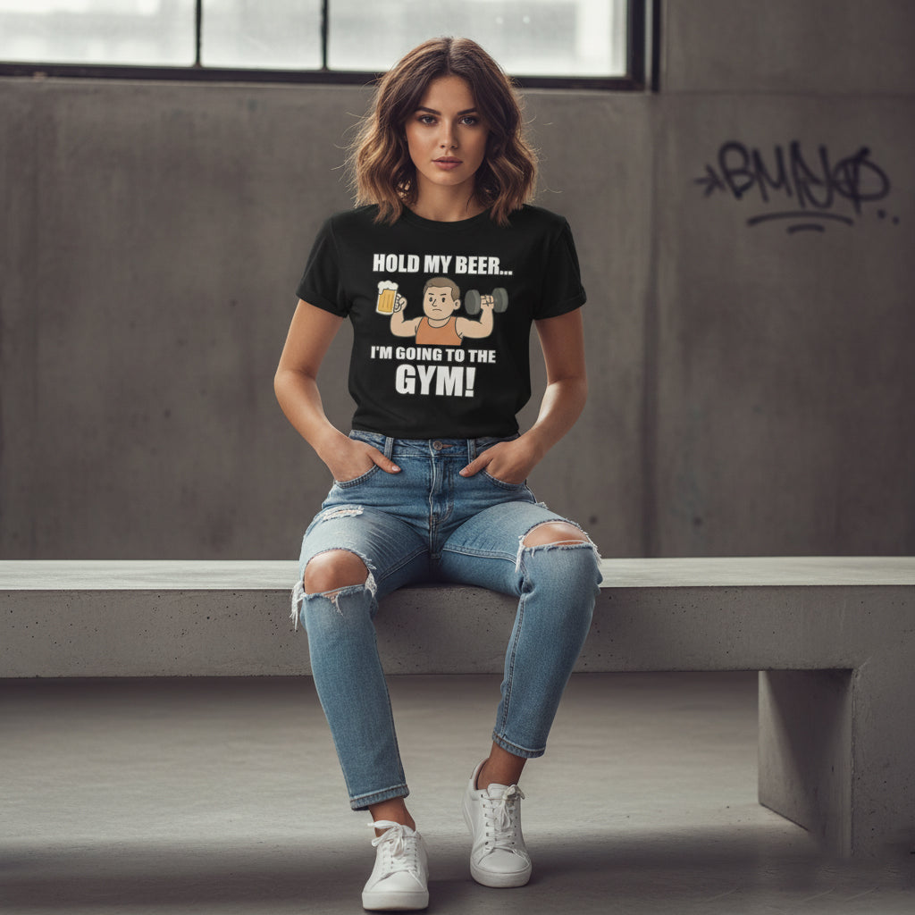 Hold My Beer I’m Going To The Gym Funny T-Shirt – Workout Humor, Unisex, Soft Cotton