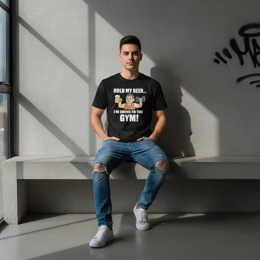 Hold My Beer I’m Going To The Gym Funny T-Shirt – Workout Humor, Unisex, Soft Cotton