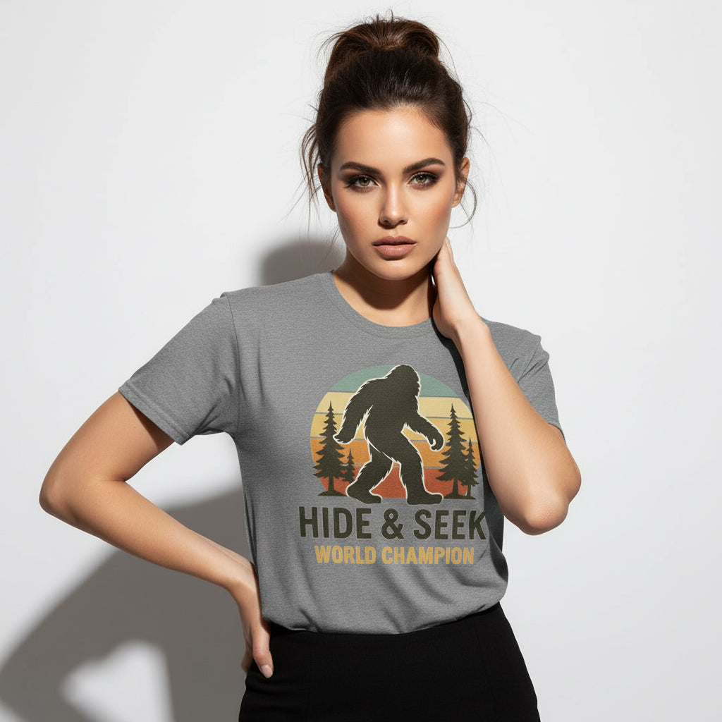Bigfoot Hide & Seek World Champion T-Shirt – Funny Cryptid Tee, Unisex, Soft Cotton