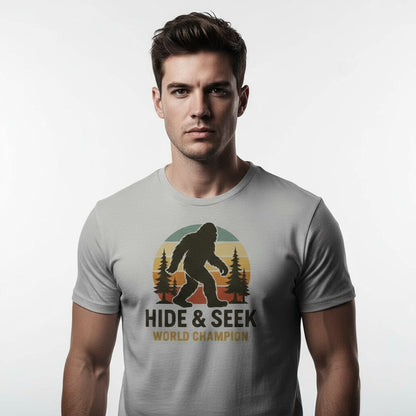 Bigfoot Hide & Seek World Champion T-Shirt – Funny Cryptid Tee, Unisex, Soft Cotton