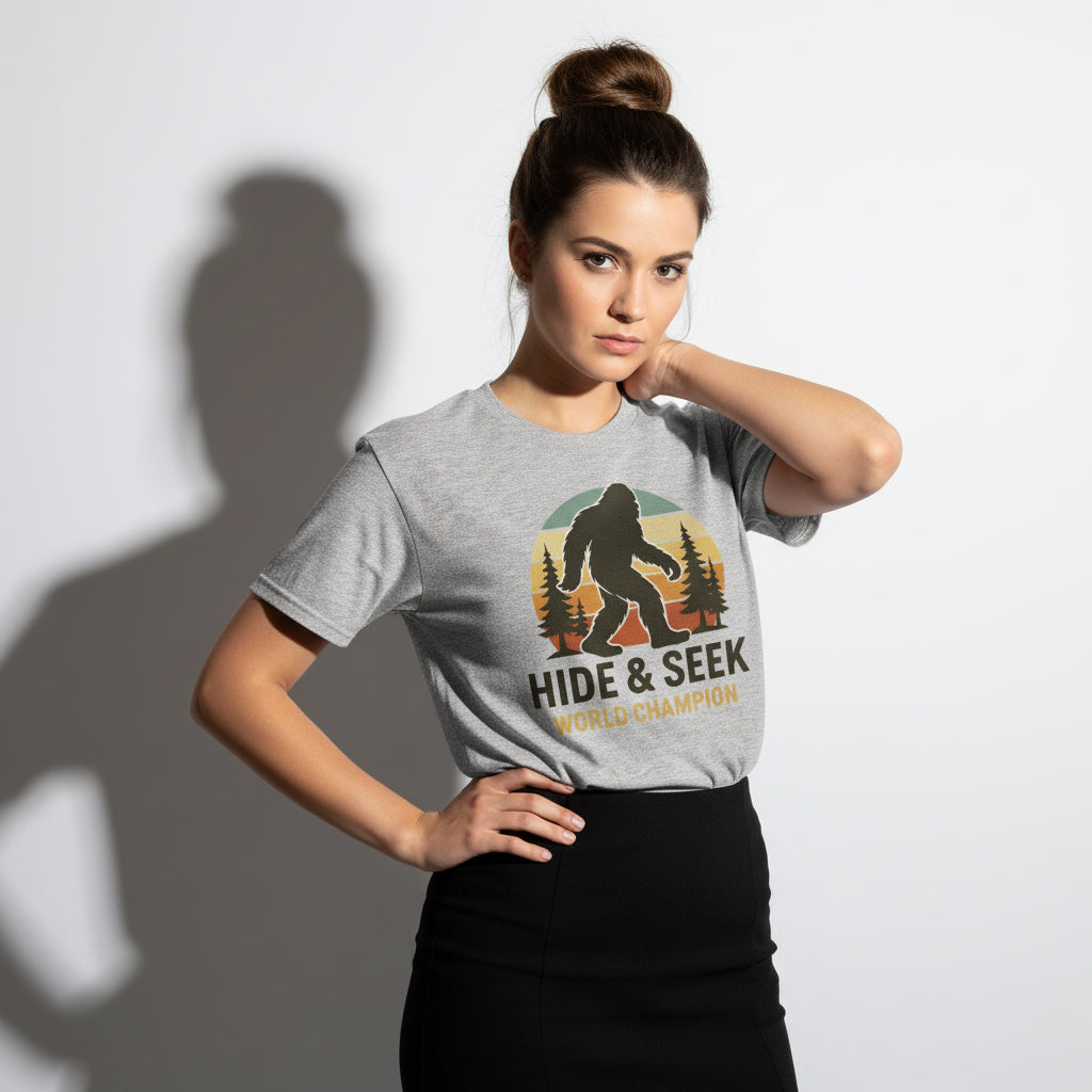 Bigfoot Hide & Seek World Champion T-Shirt – Funny Cryptid Tee, Unisex, Soft Cotton