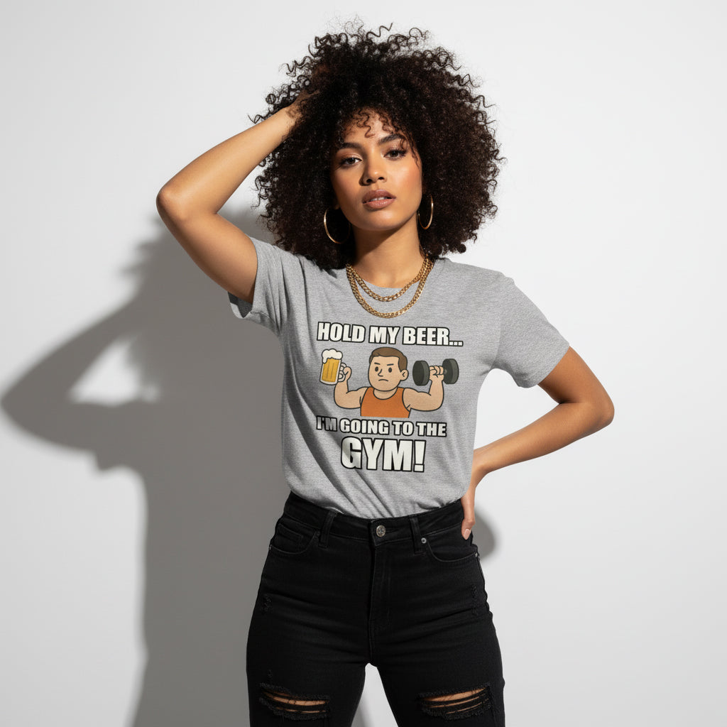 Hold My Beer I’m Going To The Gym Funny T-Shirt – Workout Humor, Unisex, Soft Cotton