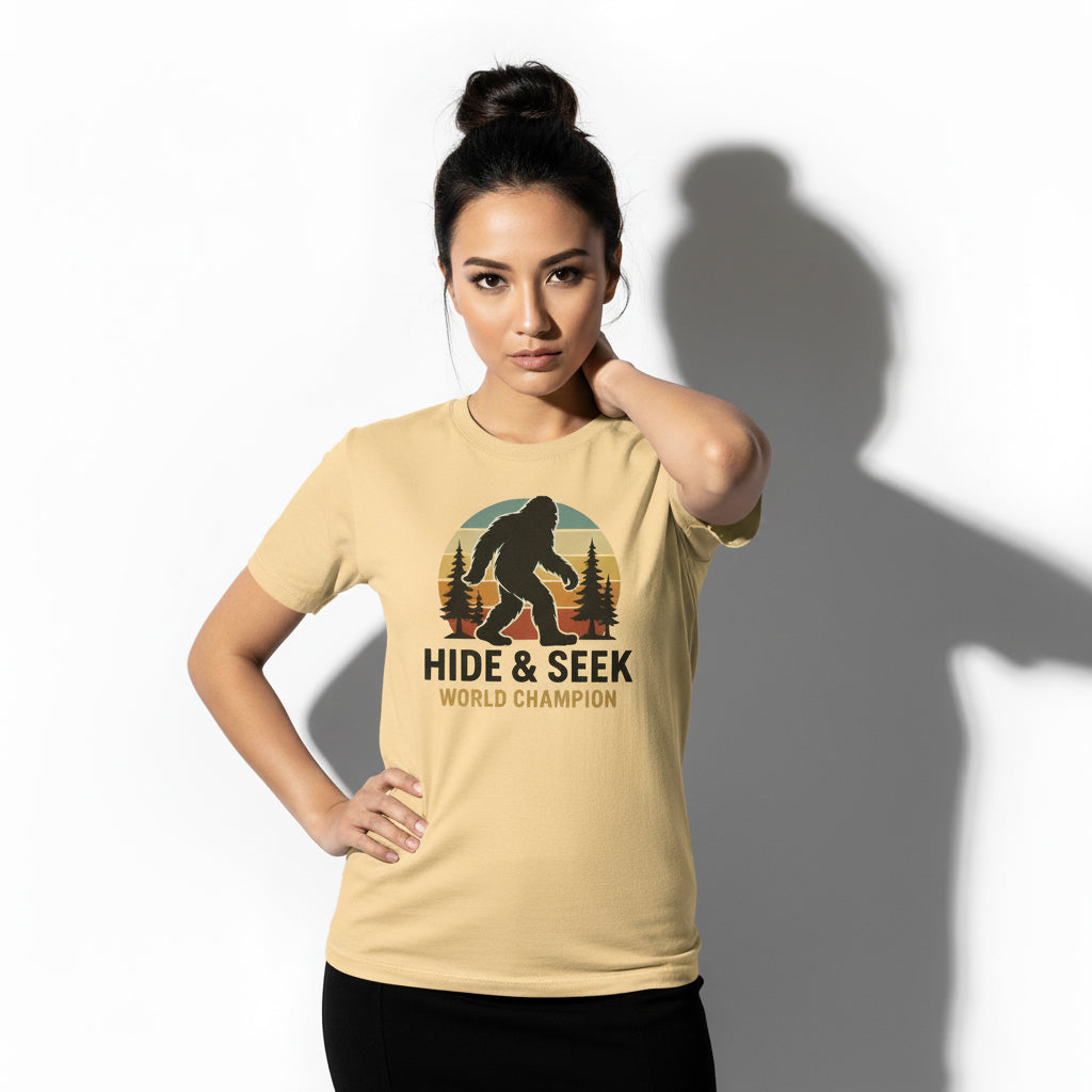 Bigfoot Hide & Seek World Champion T-Shirt – Funny Cryptid Tee, Unisex, Soft Cotton
