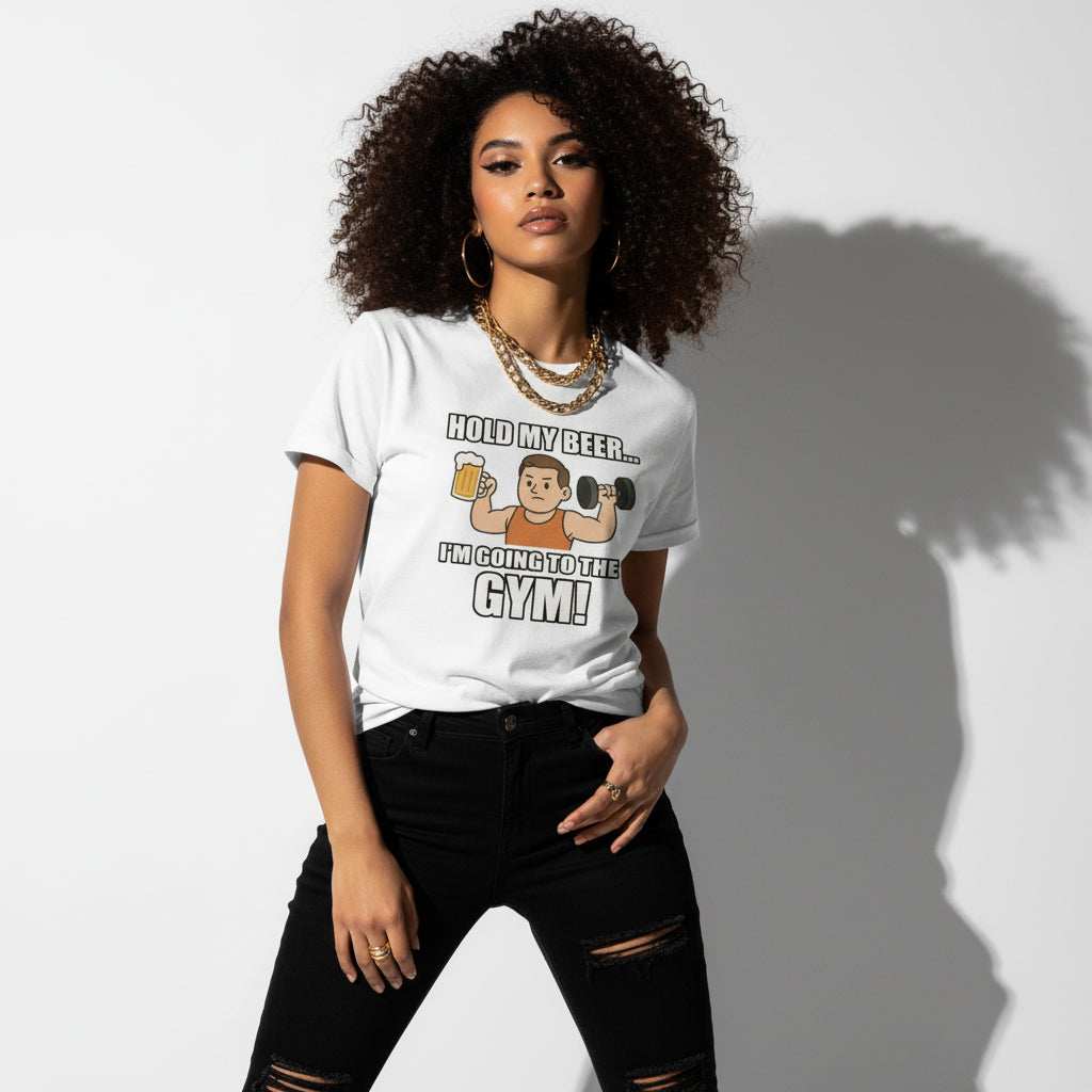 Hold My Beer I’m Going To The Gym Funny T-Shirt – Workout Humor, Unisex, Soft Cotton