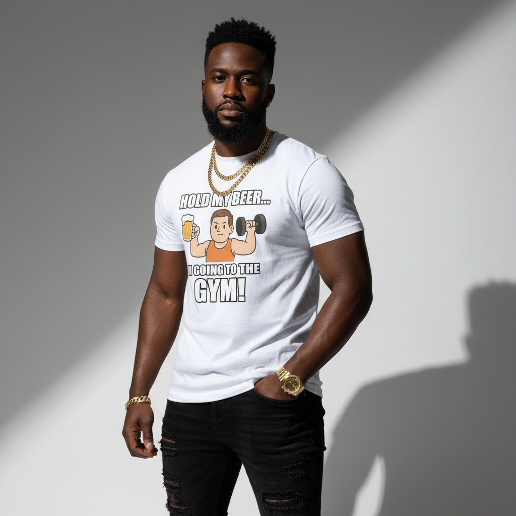 Hold My Beer I’m Going To The Gym Funny T-Shirt – Workout Humor, Unisex, Soft Cotton