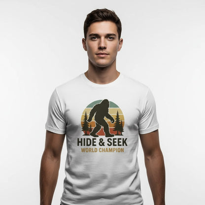 Bigfoot Hide & Seek World Champion T-Shirt – Funny Cryptid Tee, Unisex, Soft Cotton