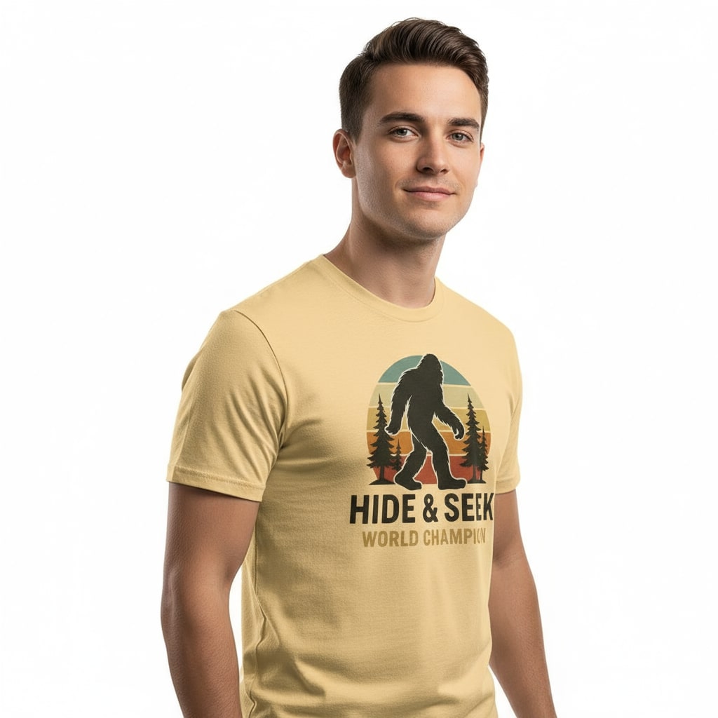 Bigfoot Hide & Seek World Champion T-Shirt – Funny Cryptid Tee, Unisex, Soft Cotton